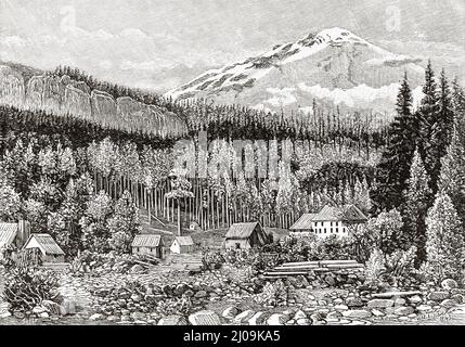 Mount Rainier and the small seaside resort of Long Mires, National Park in Washington State, USA. Old 19th century engraved illustration from La Nature 1899 Stock Photo
