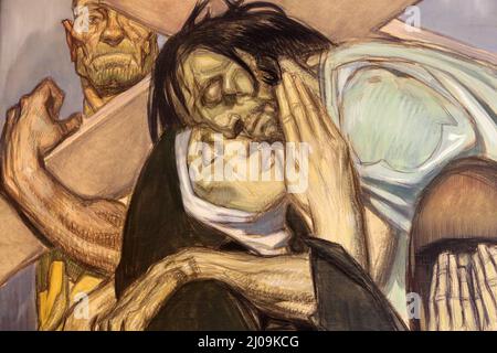 Jésus-Christ rencontre sa mère. Chemin de Croix. Jean-Georges Cornelius (1880-1963). Musée eucharistique du Hiéron. Paray-Le-Monial. Bourgogne. Saône- Stock Photo
