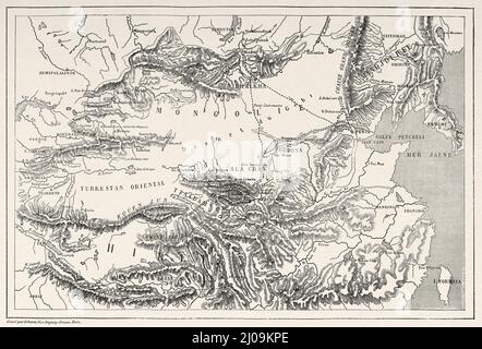 Old map of Mongolia from the voyage of the Russian explorer and geographer Przewalski, Mongolia. Asia. Trip to Mongolia by Nikolai Mijailovich Przewalski in 1870-1873, Le Tour du Monde 1877 Stock Photo