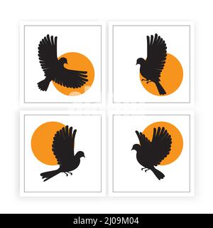 Dove silhouette and sun illustration isolated on white background, vector. Scandinavian minimalist poster design in four pieces. Modern wall art Stock Vector