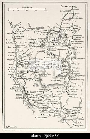 The bolaven platter. Map of Laos. Old 19th century engraved illustration from La Nature 1899 Stock Photo