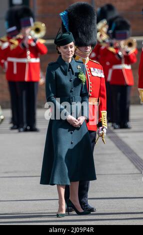 Aldershot, UK. 17 March, 2022.  Catherine, Duchess of Cambridge attends the Irish Guards St PatrickÕs Day Parade at Mons Barracks in Aldershot.  Credit: Anwar Hussein/Alamy Live News Stock Photo