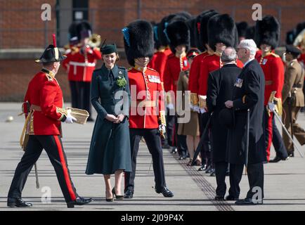 Aldershot, UK. 17 March, 2022.  Catherine, Duchess of Cambridge attends the Irish Guards St PatrickÕs Day Parade at Mons Barracks in Aldershot.  Credit: Anwar Hussein/Alamy Live News Stock Photo