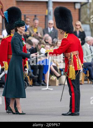 Aldershot, UK. 17 March, 2022.  Catherine, Duchess of Cambridge attends the Irish Guards St PatrickÕs Day Parade at Mons Barracks in Aldershot.  Credit: Anwar Hussein/Alamy Live News Stock Photo