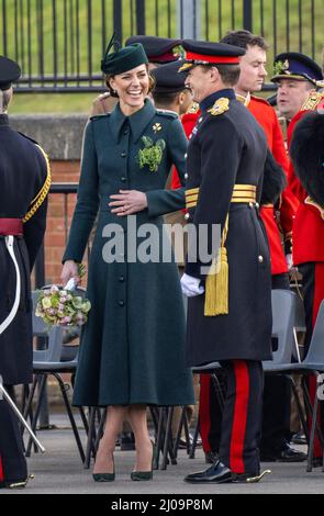 Aldershot, UK. 17 March, 2022.  Catherine, Duchess of Cambridge attends the Irish Guards St PatrickÕs Day Parade at Mons Barracks in Aldershot.  Credit: Anwar Hussein/Alamy Live News Stock Photo