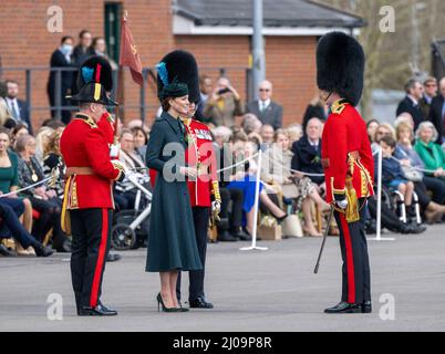 Aldershot, UK. 17 March, 2022.  Catherine, Duchess of Cambridge attends the Irish Guards St PatrickÕs Day Parade at Mons Barracks in Aldershot.  Credit: Anwar Hussein/Alamy Live News Stock Photo