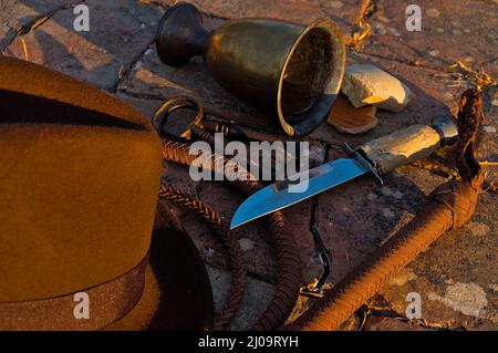 Adventurer themed scene with objects inspired on Indiana Jones Films Stock Photo