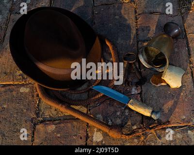 Adventurer themed scene with objects inspired on Indiana Jones Films Stock Photo