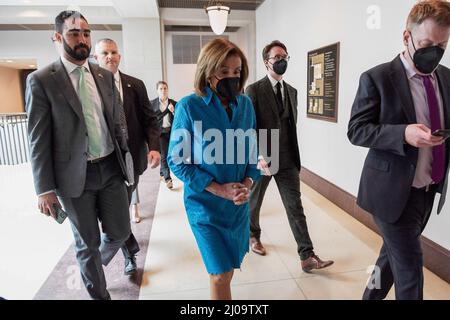 Washington, United States. 17th Mar, 2022. House Speaker Nancy Pelosi (D-CA) arrives for her weekly press conference at HVC/Capitol Hill in Washington DC, USA. Credit: SOPA Images Limited/Alamy Live News Stock Photo