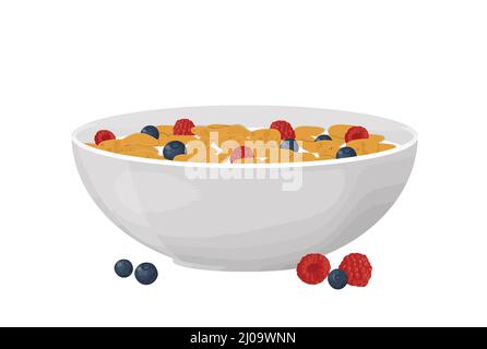 A bowl of corn flakes and berries over white background, vector illustration. Healthy breakfast concept Stock Vector
