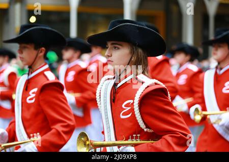 NEW YORK, NEW YORK - March 17, 2022: A member of the Easton Area High School performs in the St. Patrick's Day Parade, March 17, 2022, in New York. (Photo: Gordon Donovan) Stock Photo