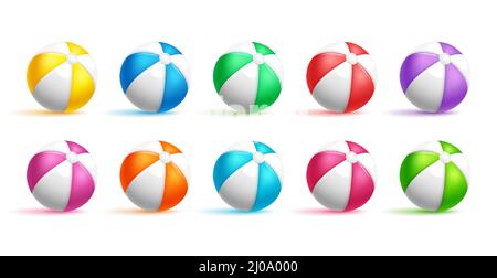 Beach ball element vector set. Summer 3d beach balls in colorful design isolated in white background for fun toys collection. Vector illustration. Stock Vector