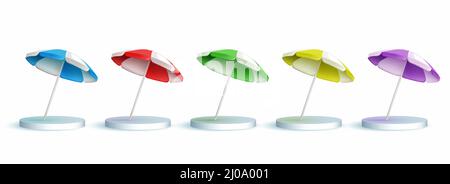 Parasol umbrella element vector set. Summer 3d parasols with colorful design isolated in white background for relax tropical season photography. Stock Vector