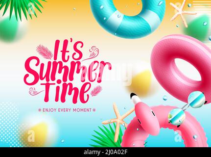 Summer time vector background design. It's summer time typography text in gradient pattern background with floaters and leaves elements for tropical. Stock Vector