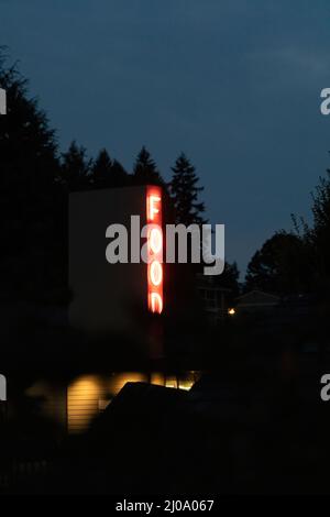 vertical neon sign glowing in the dark late at night Stock Photo