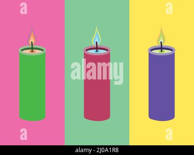 Three multicolored lit candles sitting horizontal with different backgrounds   forming a beautiful pattern vector design Stock Vector