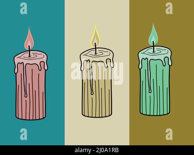 Three multicolored lit candles sitting horizontal with different backgrounds   forming a beautiful pattern vector design Stock Vector