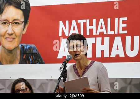 Marseille, France. 16th Mar, 2022. Nathalie Arthaud is seen on stage giving her speech. Nathalie Arthaud, is the candidate of the extreme left party 'Lutte Ouvrière' in the next French presidential election. According to the latest polls, she would be credited with less than 1% of the vote in the first round on April 10. (Photo by Denis Thaust/SOPA Images/Sipa USA) Credit: Sipa USA/Alamy Live News Stock Photo