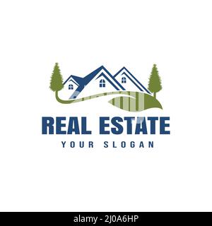 Pine tree house design logo, vector illustration of a pine tree that blends with the image of a house, real estate Stock Vector