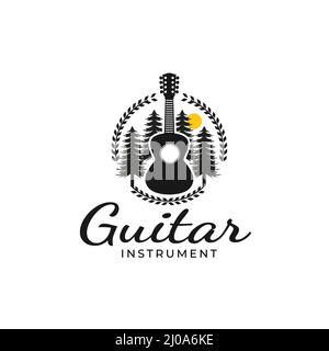 Instrument Country Musician logo design with guitar,tree elements Stock Vector