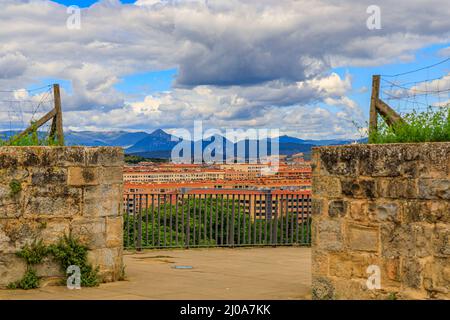 Walls of the citadel, medieval fortifications with a view of a residential district in Pamplona, Navarra, Spain famous for the running of the bulls Stock Photo