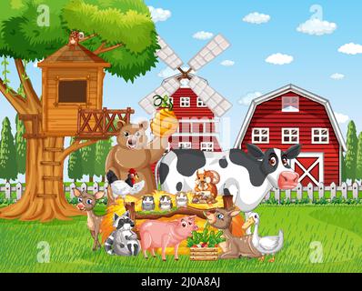 Farm scene with many animals on the farm illustration Stock Vector ...