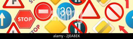Road signs. Auto traffic seamless background pattern. Specify and limit. Top view from above. Cartoon funny style. Flat design. illustration vector. Stock Vector