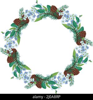Wreath of small blue forget me not flowers with spruce needles and cones. Spring flowering composition or frame with leaves. Festive decoration for wedding, holiday and postcard. Vector illustration Stock Vector