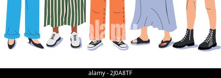 Set of Various Female Shoes with Feet. Stock Vector