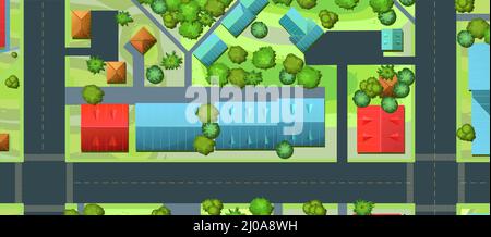 Streets of city. Top View from above. Small town house and road. Map with roads, trees and buildings. Modern car. Cartoon cute style illustration. Vec Stock Vector