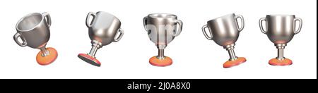 Set of 3d silver trophy icon isolated on a white background. 5 different angle trophy cup icons. 3d rendering. Stock Photo