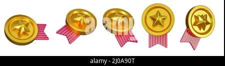 Set of 3d gold badge icon isolated on a white background. 5 different angle quality guarantee wining awards icons. 3d rendering. Stock Photo