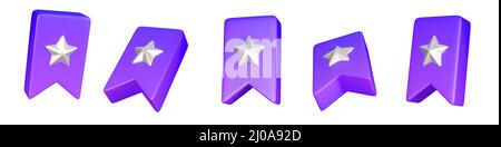 3d Bookmark Star collection isolated on a white background. 5 different angle  icons on the theme of bookmark. Simple symbol for web and app. 3d rende Stock Photo