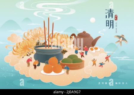 Tomb sweeping festival card. Miniature Asian people worshiping ancestors, flying kite, eating qingtuan on Qingming Festival. Translation: Cing Ming. C Stock Vector
