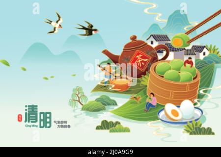 Asians eating cold food such as green rice balls, boiled eggs during Qing Ming Festival. Translation: Qingming Festival. The clearness and brightness Stock Vector