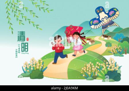 Asian kids going on spring outing and flying goldfish and eagle kites on Qingming Festival. Translation: Qingming Festival. The clearness and brightne Stock Vector