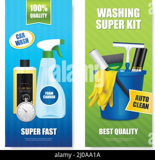 Car wash auto self-cleaning foam shampoo bucket squeegee kit 2 vertical realistic advertising banners vector illustration Stock Vector