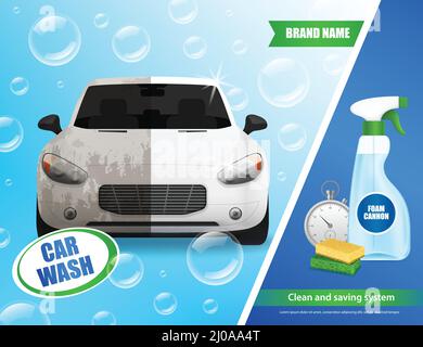 Car wash products realistic advertisement poster with auto in soap bubbles cleaning foam sponges clock vector illustration Stock Vector