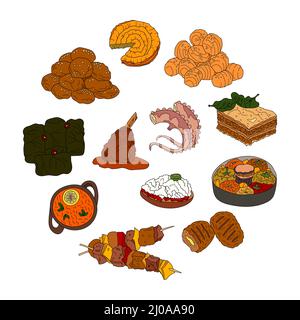 Hand drawn traditional Greece cuisine dish and desserts set. Design sketch element for menu cafe, bistro, restaurant, bakery, packaging, flyer or post Stock Vector