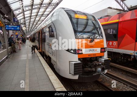 Cologne, Germany - August 3, 2021: Rhein Ruhr Xpress RRX train Siemens Desiro HC type at Köln main railway station Hauptbahnhof Hbf in Cologne, German Stock Photo