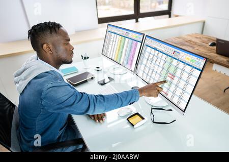 Business Data Audit Spreadsheet On Analyst Computer Stock Photo