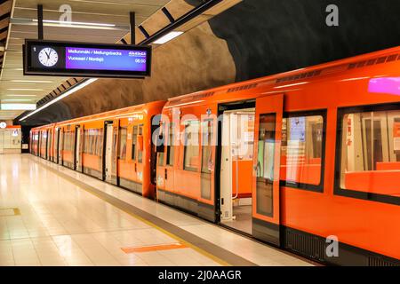 Helsinki, Finland - August 21, 2013: Metro train at station Ruoholahti underground subway in Helsinki, Finland. Stock Photo