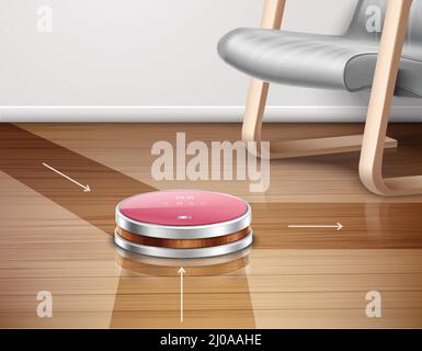 Robot vacuum cleaner in work with direction of movements on parquet floor 3d vector illustration Stock Vector