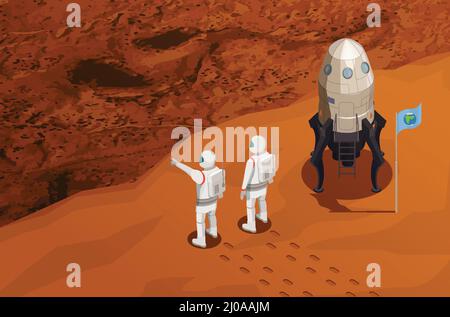 Mars exploration isometric poster with two astronauts near space ship arrived on red planet vector illustration Stock Vector