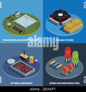 Semiconductor 2x2 design concept set of transistors microprocessors diodes and cooling systems square compositions isometric vector illustration Stock Vector