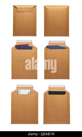 Brown envelope front and back isolated on white background. Letter top view. Stock Photo