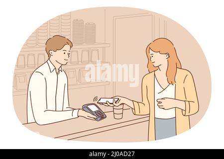 Female client pay contactless with mobile phone at shop cashier. Happy woman customer or buyer make payment with smartphone. Bank and finance concept. Flat vector illustration.  Stock Vector