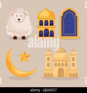 five eid mubarak icons Stock Vector