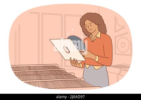 Happy African American woman choose gramophone record in music store. Excited girl buy vinyl plate in shop. Hobby and entertainment. Musician and artist. Vector illustration.  Stock Vector