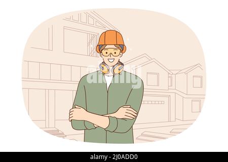 Smiling male constructor in protective gear at house construction site. Happy man engineer or housebuilder in helmet and headset at project yard control building. Flat vector illustration.  Stock Vector